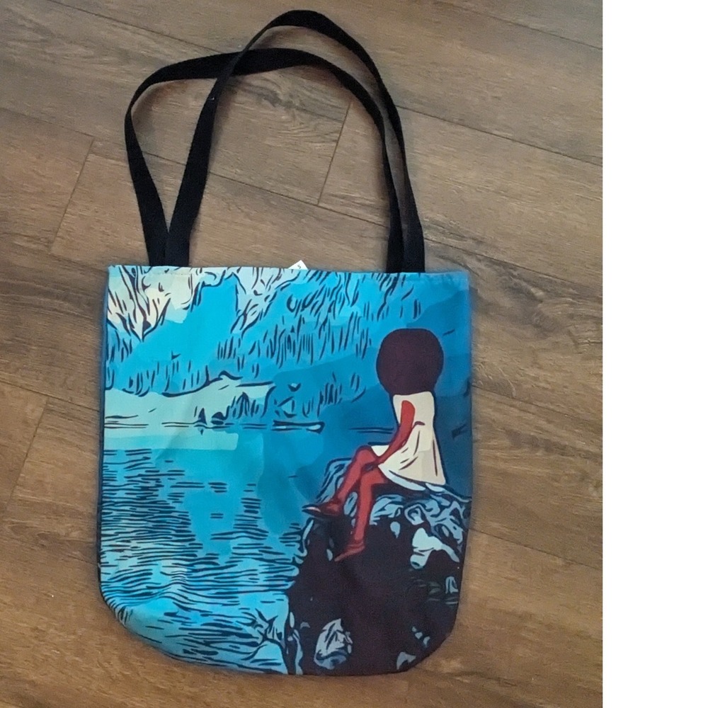 Graphic Tote Bag Woman on Cliff‎ Blue Lake Scene Shopper Travel Afro
